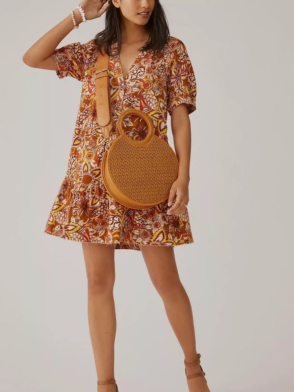 Anthropologie Printed Short-Sleeve Mini Dress in Rust and Yellow